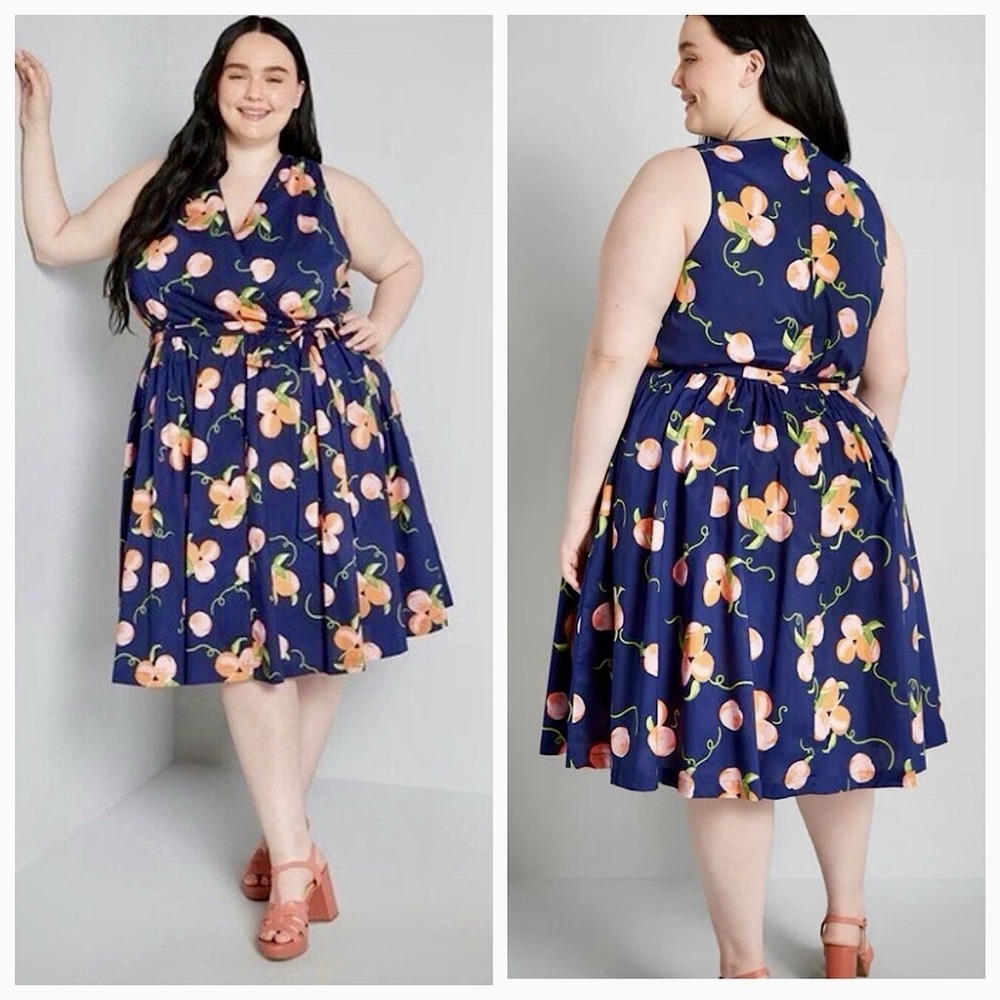 Modcloth Sleeveless Crossover V-Neck Dress Womens Sz 8 Navy Peach‎ Print Belted